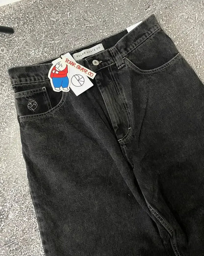 Harajuku Gothic Streetwear Polar Big Boy Jeans Japanese Hip Hop Cartoon Embroidery Baggy Jean Black Pant High Waisd Wide Trouser