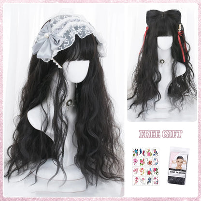 LM White Ombre Black Synthetic Wig for Women Long Curly Wave Wigs with Bangs Cosplay Party Heat Resistant Hair