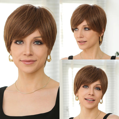 Pixie cut Human hair Wigs Sand Blonde Short Straight Bob Wigs with Bangs 100% Real Human Hair Glueless Wigs Natural Daily Use