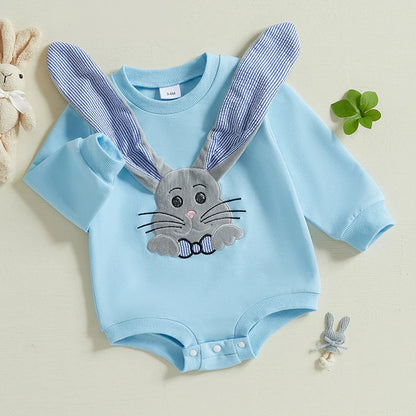 Baby Girl Easter Floral Romper with Bunny Ear Headband Set Spring Outfit Toddler Jumpsuit Clothes Embroidery Detail