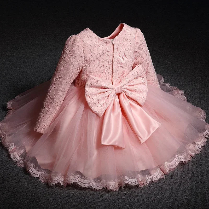 2024 Baby Girl Clothes Lace Long Sleeves Newborn Infant 1st Birthday Baptism Pink Dress Wedding Party Dresses for Girls Vestidos