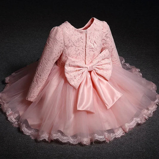 2024 Baby Girl Clothes Lace Long Sleeves Newborn Infant 1st Birthday Baptism Pink Dress Wedding Party Dresses for Girls Vestidos