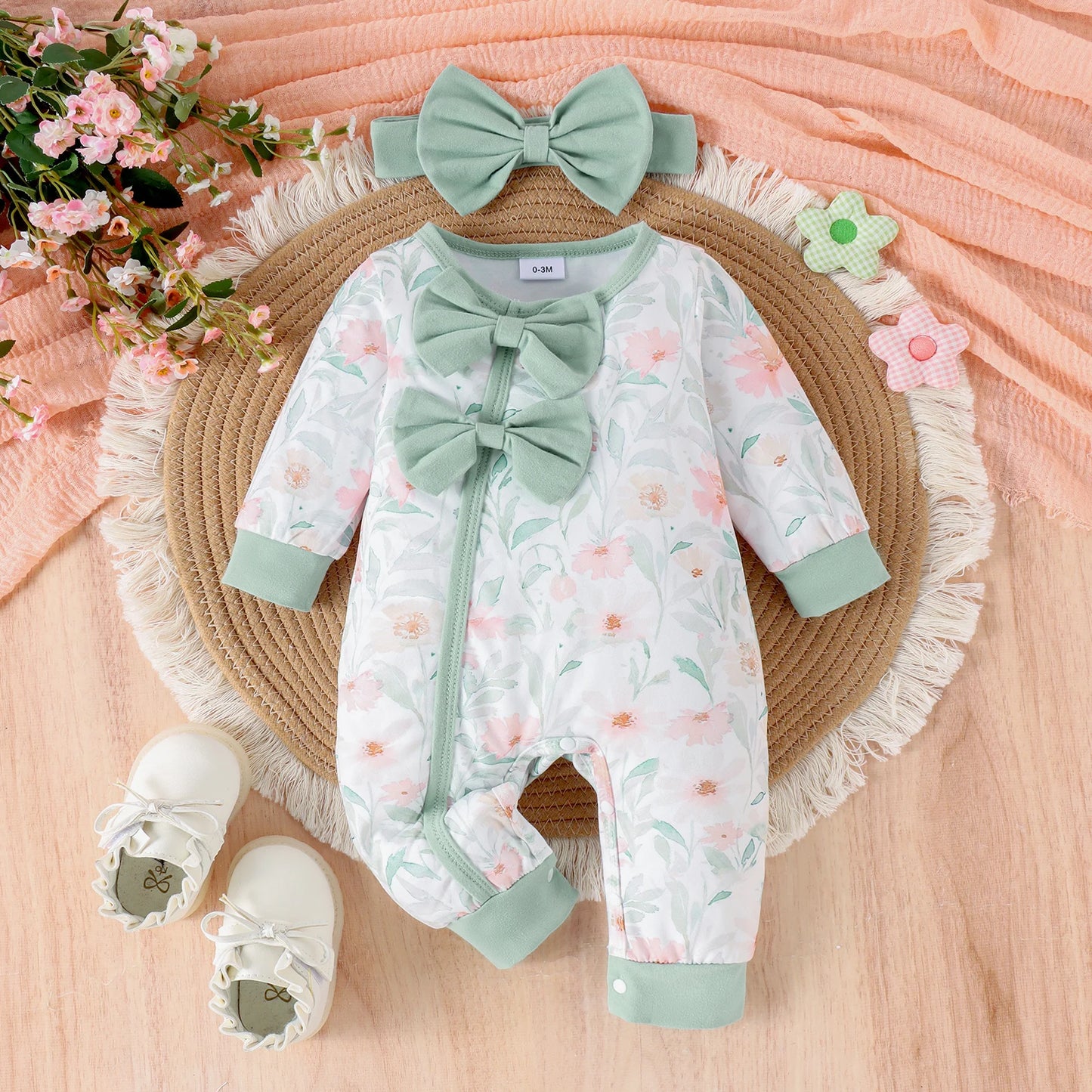 2PCS Autumn New Style For 0-1 Year Old Girl Baby Sweet And Cute Round Collar Printed Long-Sleeved Jumpsuit Pants + Hair Band