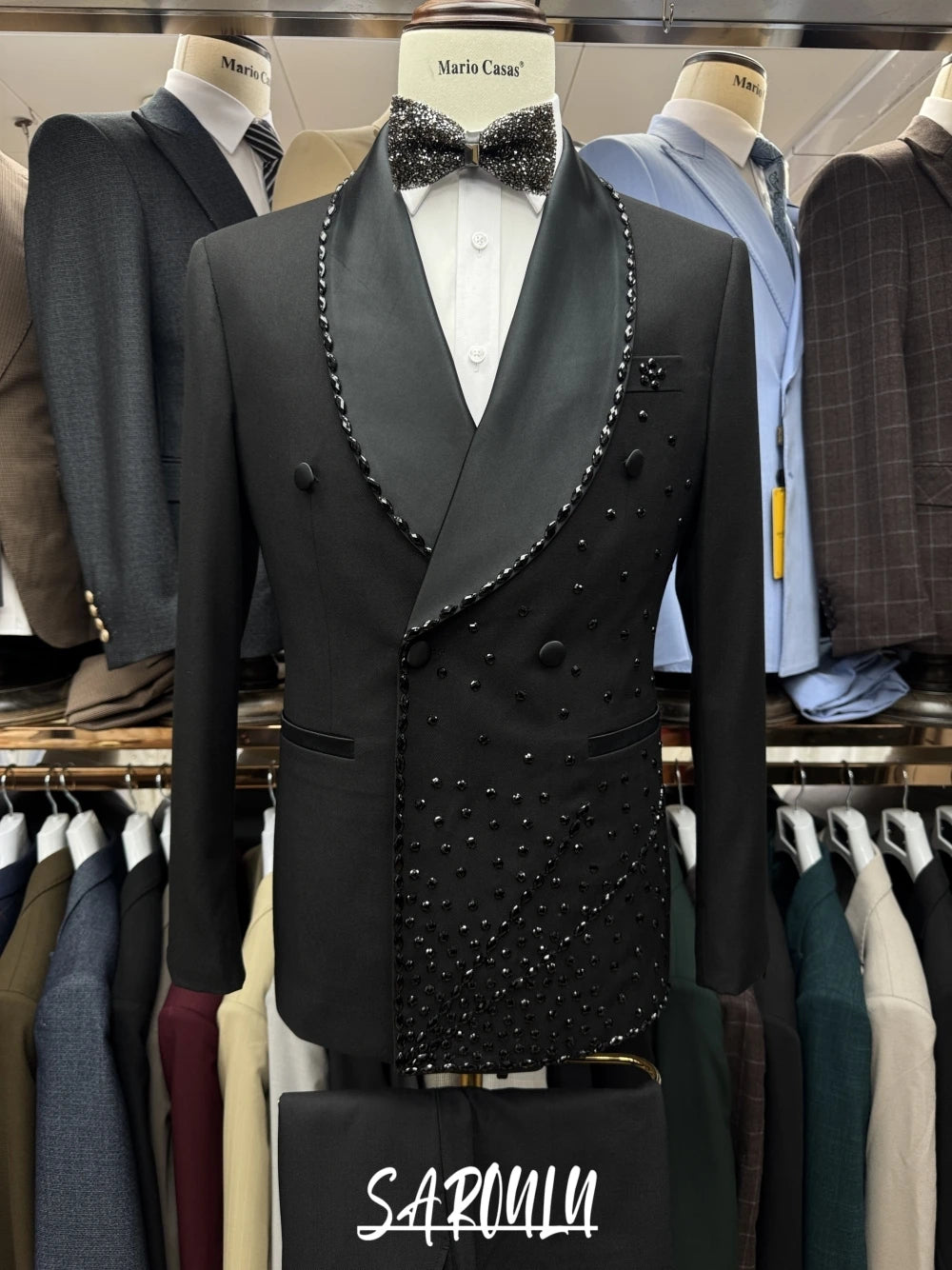 Classy Shawl Lapel Beaded Men Suit Vogue 2025 Chic Customized High Quality Set Vintage 3-pieces Party Interview Black Groom Wear