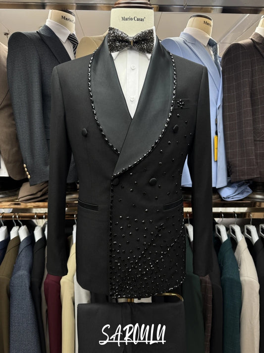 Classy Shawl Lapel Beaded Men Suit Vogue 2025 Chic Customized High Quality Set Vintage 3-pieces Party Interview Black Groom Wear