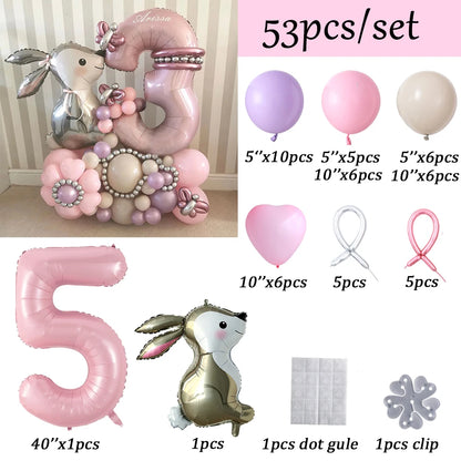 53pcs Easter Bunny Cartoon Rabbit Foil Balloons with Pink 40inch Number Ball Set Child Girls 1st Birthday Party Baby Shower Deco