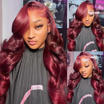 13x6 99j Burgundy Color Body Wave Lace Front Wig Human Hair Pre Plucked 210% Long Wavy Wave Lace Front Wig Human Hair For Women