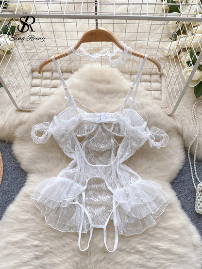 SINGREINY Lace Camis Open crotch Erotic Bodysuits Hollow Out Transparent Slim Playsuits Women Sexy Lingerie Sheer Porno Rompers