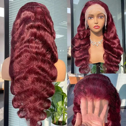 13x6 99j Burgundy Color Body Wave Lace Front Wig Human Hair Pre Plucked 210% Long Wavy Wave Lace Front Wig Human Hair For Women