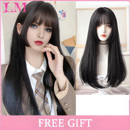 LM White Ombre Black Synthetic Wig for Women Long Curly Wave Wigs with Bangs Cosplay Party Heat Resistant Hair