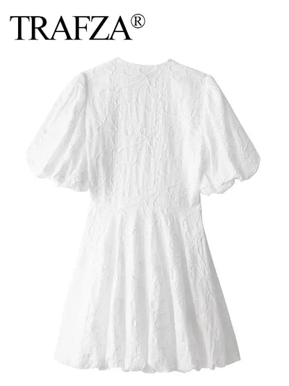 TRAFZA Women Elegant White Dress Short Sleeve V Neck Embroidered Mini Dresses 2024 Summer Female Casual Streetwear Vestidos TRAF