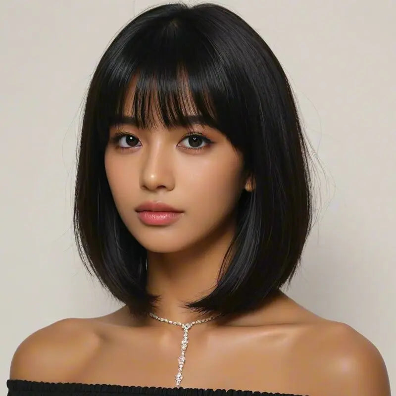 Elegant Short Bob Wig with Bangs for Women, High Temperature Fiber Synthetic,   Versatile Fashion Wig for Daily Wear