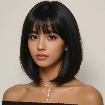 Elegant Short Bob Wig with Bangs for Women, High Temperature Fiber Synthetic,   Versatile Fashion Wig for Daily Wear