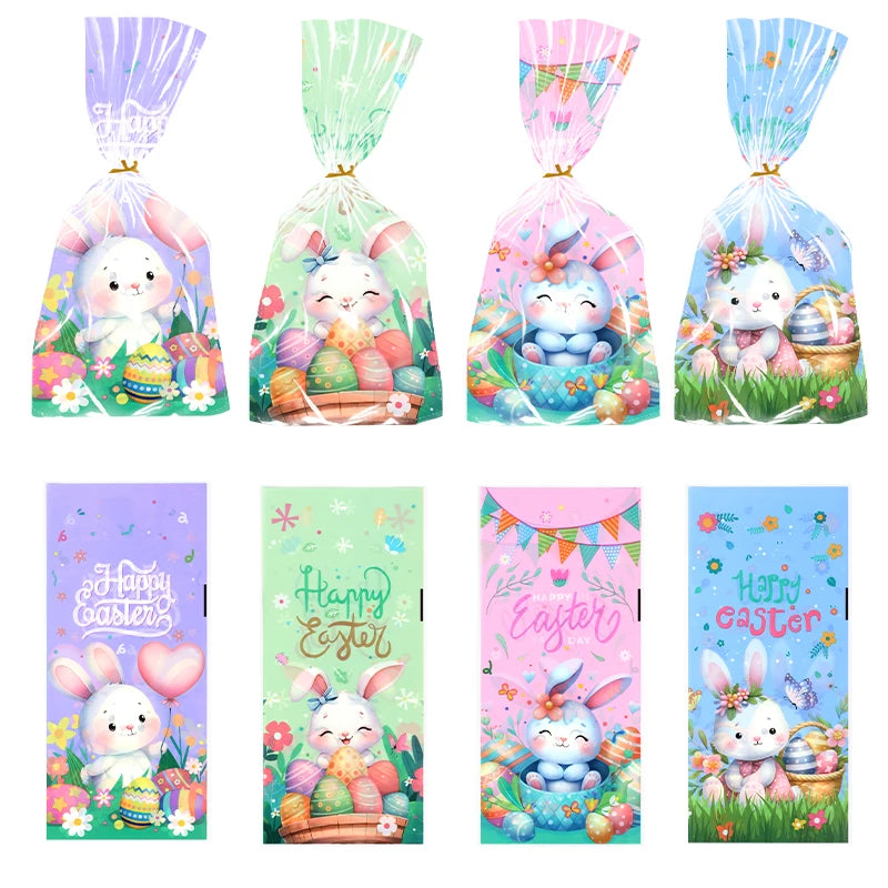 50/100pcs Happy Easter Candy Cookies Bags Bunny Eggs Gift Packaging Plastic Bag For Kids Birthday Party Supply Easter Decoration