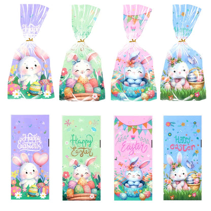 50/100pcs Happy Easter Candy Cookies Bags Bunny Eggs Gift Packaging Plastic Bag For Kids Birthday Party Supply Easter Decoration