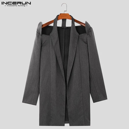 INCERUN Handsome Men's Tops Stylish Shoulder Hollow Medium Long Suit Coat Casual Clubwear Solid Personality Long Sleeved Blazer
