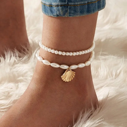 ZAKOL Simple Artificial Pearl Scallop Shell Pendant Anklet Creative Retro Footwear Beach Ankle Bracelet Accessories