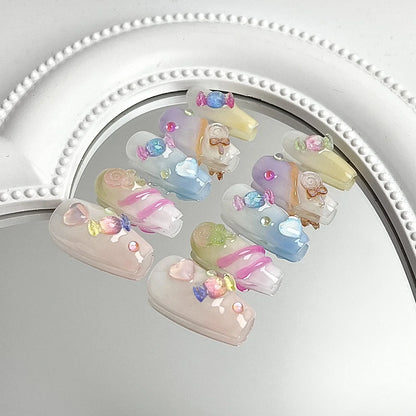 10Pcs Cute Handmade Sweets Press on Nails Ballet French Rhinestone Decoration False Nails Wearable Manicure Fake Nail Tips Art