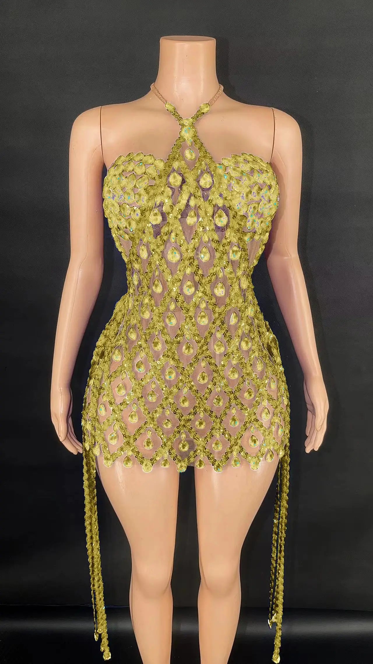 Sexy Sparkly Multicolor Rhinestones Sleeveless Mesh Transparent Short Dress Women Birthday Celebrate Prom Dance Dress Plus Size