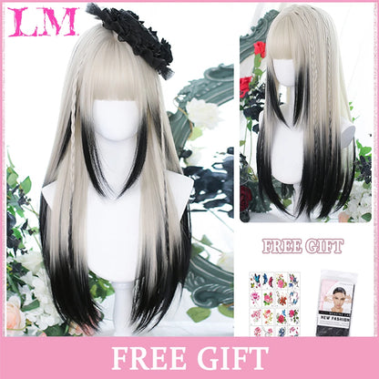LM White Ombre Black Synthetic Wig for Women Long Curly Wave Wigs with Bangs Cosplay Party Heat Resistant Hair