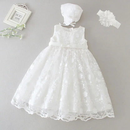 Hetiso White Infant Dress for Baptism Baby Girls Lace Dresses with hat Kids Clothes Christening Birthday Outfits 3-24 Month