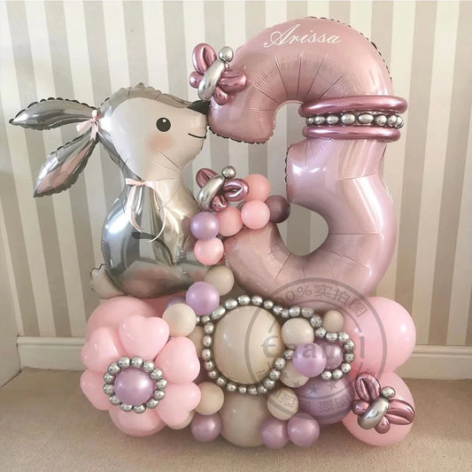 53pcs Easter Bunny Cartoon Rabbit Foil Balloons with Pink 40inch Number Ball Set Child Girls 1st Birthday Party Baby Shower Deco