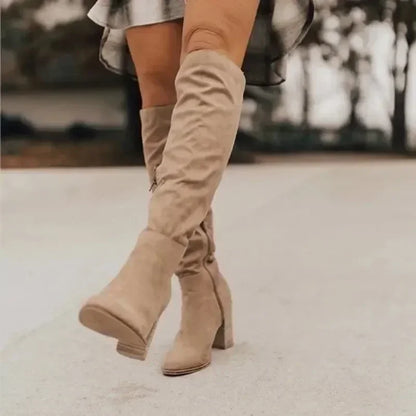 2024 Women Knee-High Boots Sexy High Heels Solid Color Women Shoes Zip Winter Warm Flock Fashion Pointed Toe Rome Females Boots