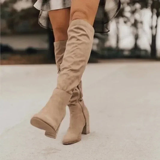 2024 Women Knee-High Boots Sexy High Heels Solid Color Women Shoes Zip Winter Warm Flock Fashion Pointed Toe Rome Females Boots