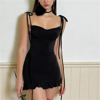2024 European and American New High end Y2K Sexy Open Back Lace up Slim Fit Spicy Girl Short Skirt Summer Party Club Mini Dress