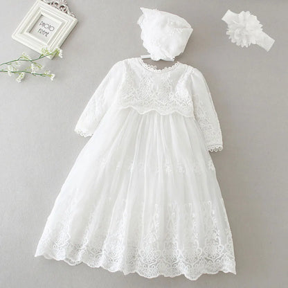 Hetiso White Infant Dress for Baptism Baby Girls Lace Dresses with hat Kids Clothes Christening Birthday Outfits 3-24 Month