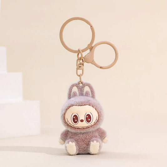 Sitting Labubu Doll Keychain External Implantation Fluff Pvc  Phone Ornaments Bag Charms Car Keychain Christmas Gifts