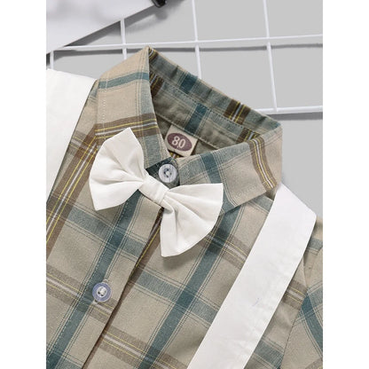 2PCS Clothes Set Newborn Baby Boy Bow Short Sleeve Bodysuit+White Overalls Fashion Gentleman Suit for Toddler Boy 3-24 Months