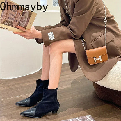 2024 Spring Autumn Women's Ankle Boots Fashion Pointed Toe Short Botas Ladies Elegant Low Heel Shoes Winter Women's Pumps