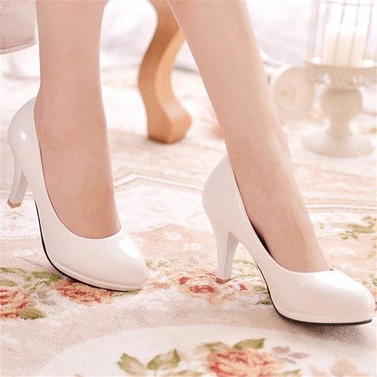 2024New Women Pumps Shoes Women PU Leather Shallow Slip-On Round Toe High heels Shoes Wedding Party derss shoes mujer size 34-42