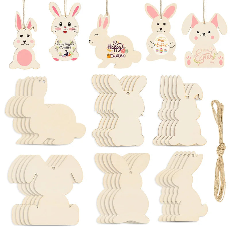 6/12Pcs Easter Wooden Bunny Pendants Blank Rabbit Wood Chips Kids Easter Party DIY Painting Crafts Gift Home Hanging Decoration
