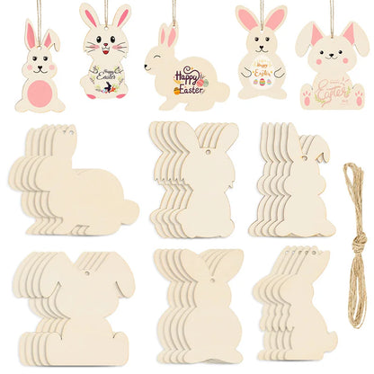6/12Pcs Easter Wooden Bunny Pendants Blank Rabbit Wood Chips Kids Easter Party DIY Painting Crafts Gift Home Hanging Decoration
