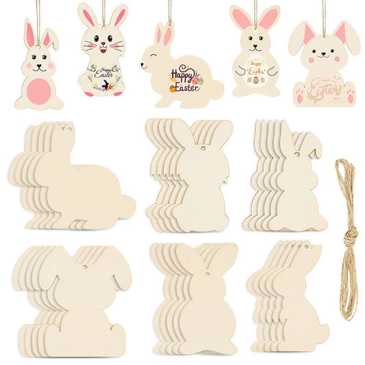 6/12Pcs Easter Wooden Bunny Pendants Blank Rabbit Wood Chips Kids Easter Party DIY Painting Crafts Gift Home Hanging Decoration