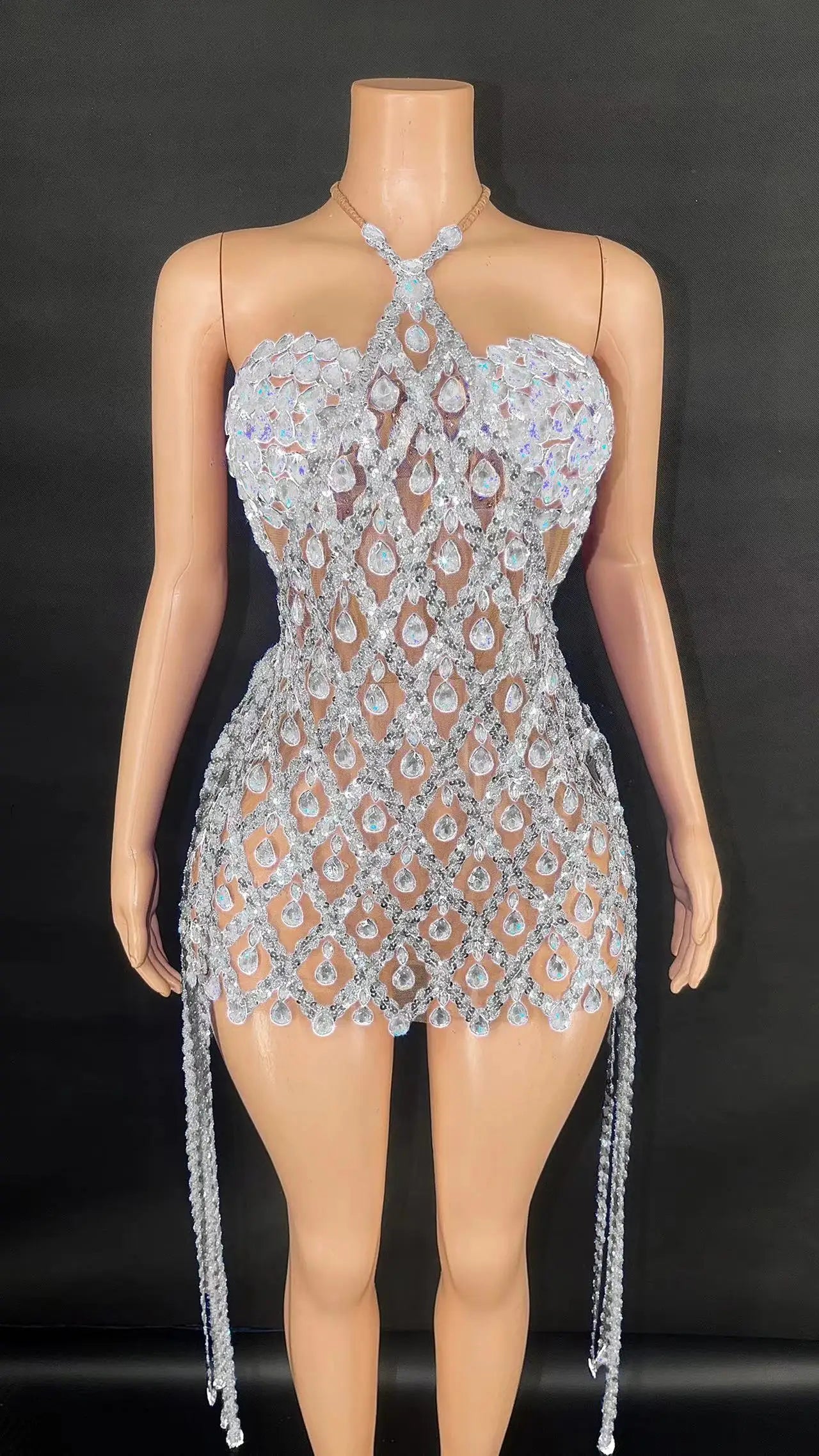 Sexy Sparkly Multicolor Rhinestones Sleeveless Mesh Transparent Short Dress Women Birthday Celebrate Prom Dance Dress Plus Size