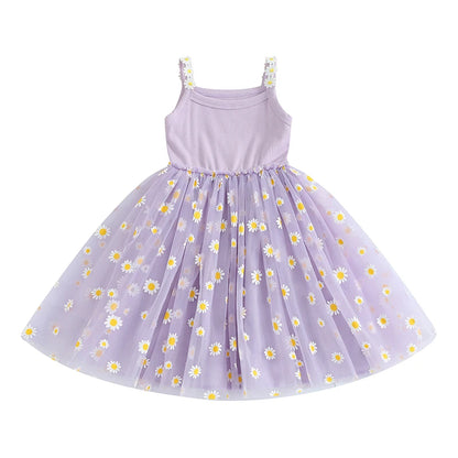 0-4Y Baby Girls Summer Dress Sling Sleeveless Daisy Print Mesh A-Line Princess Dress for Beach Party Kids Clothes