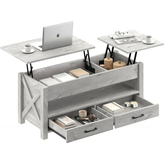 Seventable Coffee Table,47.2" Lift Top Coffee Table with 2 Storage Drawers and Hidden Compartment,Retro Center Table