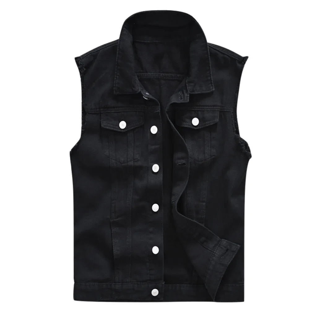Men's New Fashion Sleeveless Denim Vest  Autumn Casual Solid Color Cowboy Jacket Slim Fit Single-breasted Jeans Streetwear