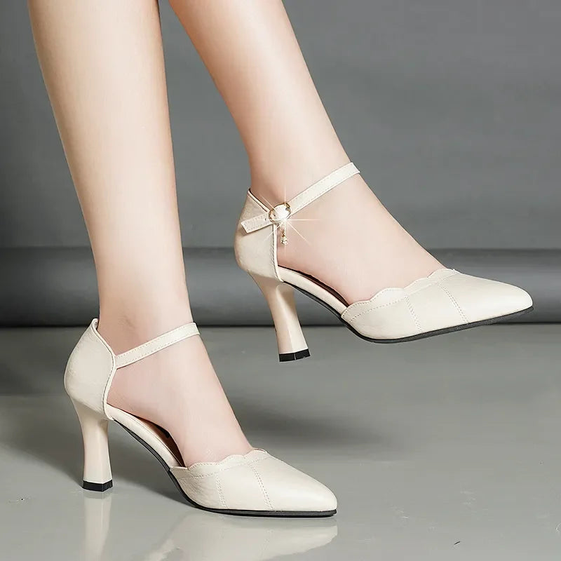 Women Fashion High Quality White Pointed Toe Buckle Strap Pu Leather Stiletto Ladies Casual Pink Comfort High Heel Shoes G5776