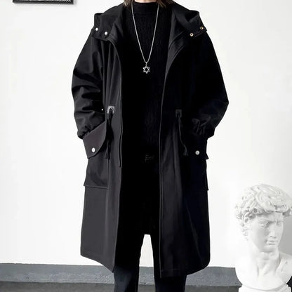 2023 Spring Autumn Army Green Windbreaker Fashion Men Mid-length Casual Hooded Coat Men Daily High Street Overcoat Male Clothes