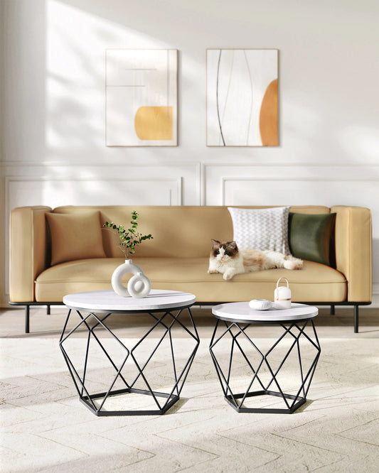 VASAGLE coffee table round set of 2 living room table side table modern removable table top for living room