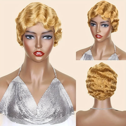 Blonde Burgundy Short Pixie Cut Wigs For Black Women Wig Brazilian Human Hair Wigs Finger Ocean Wave Wig Machine Made