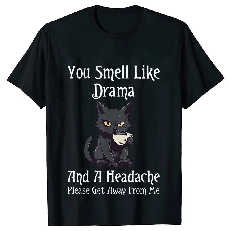 Black Cat Coffee T-shirts Women Pet Cartoon Tshirts You Smell Like Drama Print Women's Clothing Cat Mom Women Tee T-Shirts Tops