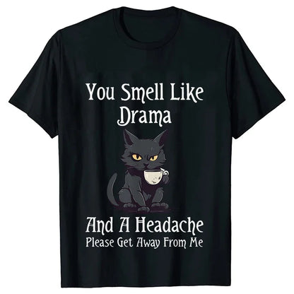 Black Cat Coffee T-shirts Women Pet Cartoon Tshirts You Smell Like Drama Print Women's Clothing Cat Mom Women Tee T-Shirts Tops