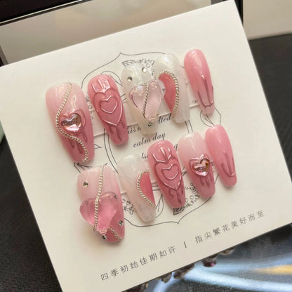 10pcs Handmade Almond Press On Nails Gradient Cat Eye Pink French Fake Nail Bow Design Full Cover Nail Tips Wearable False Nail