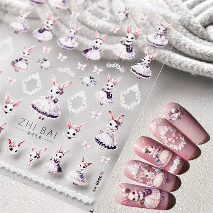 Noble Rococo Bunny Girl Pearl Butterfly Easter Egg Rabbit Soft Relief Self Adhesive 5D Nail Art Decoration Sticker 3D Nail Decal
