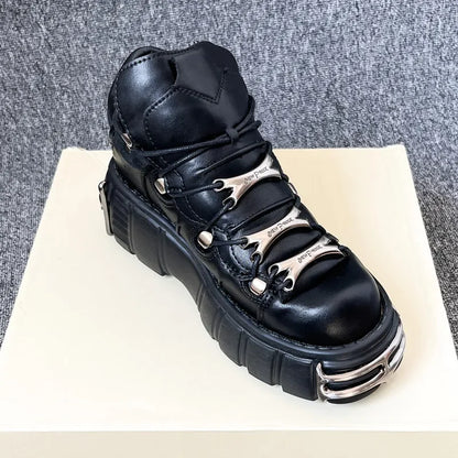 New Punk Style Women Shoes Lace-up Heel Height 6cm Platform Shoes Woman Gothic Ankle Rock Boots Metal Decoration Woman Sneakers